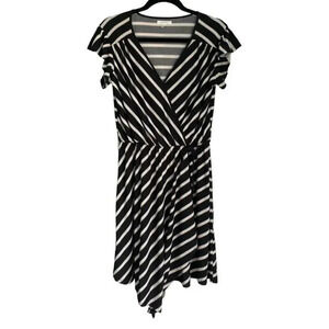 Maurices Stripe Flutter Sleeve Wrap Dress V-Neck Black White Tan Gray Size S